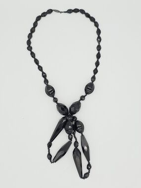 Vintage European Jet Black Glass Necklace Dangle Statement 1930s 14.5"